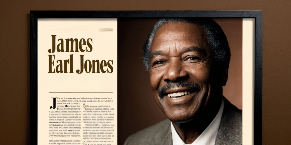 A framed article tribute to James Earl Jones, set against a warm, dark brown background that evokes a sense of nostalgia and sophistication The article's title, in bold, metallic gold font, reads 